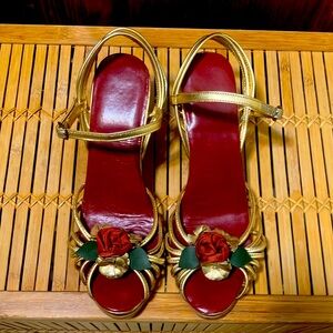 👠💛Vintage Al’s Attire SF Handmade Gold Ankle Strap Metallic Heels Floral Sz  7